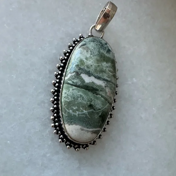 NWOT Sundance Greenscape Pendant, Green Zebra Jasper, Sterling Silver